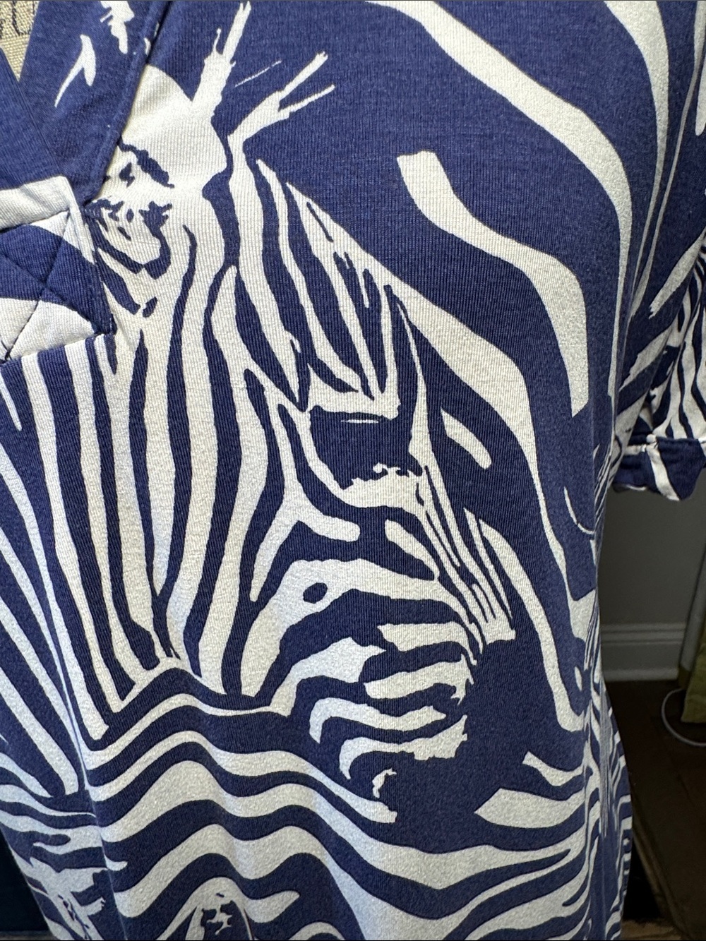 Tori Richard Navy and White Zebra-Print Polo Dress large